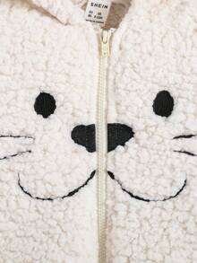 SHEIN Đứa bé trai Thêu Hoạt hình Thiết kế tai 3D áo có mũ Dây kéo mặt trước Teddy Áo liền quần - Màu be - Xem 5