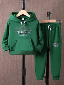 SHEIN 男小童字母圖案袋鼠口袋保暖連帽衫和運動褲 - 綠色 - 查看 1