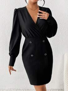 Chiquease Surplice Neck Button Detail Puff Sleeve Bodycon Dress - Black - View 3