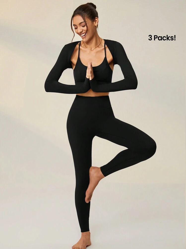 Solid Cami Top & Leggings Sports Set With Bolero