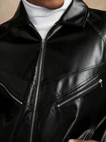 Manfinity Homme Loose-Fit Men's Zipper Pu Leather Jacket - Black - View 5