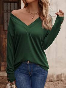 SHEIN LUNE Button Detail Drop Shoulder Tee - Green - View 6