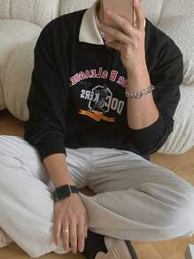 DAZY Men Contrast Collar Letter & Figure Graphic Drop Shoulder Sweatshirt - Black - View 2