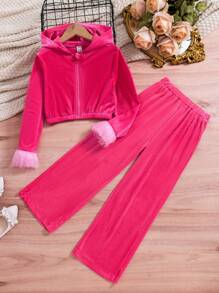 SHEIN Tween Girl Fuzzy Cuff Hooded Jacket & Pants for Christmas - Pink - View 1
