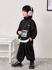 SHEIN 男小童字母補丁細節衛褲 - 黑色 - 查看 5