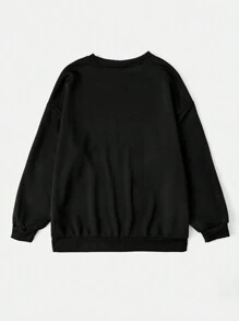 SHEIN EZwear 大碼標語&萬聖印花落肩袖運動衫 - 黑色 - 查看 2