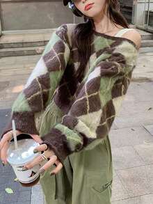 JIANHU Áo len kẻ caro cổ điển mùa xuân mới, thiết kế giản dị hở vai rộng rãi, áo dệt kim mềm mại và thoải mái, thời trang thanh lịch, thon gọn cho nữ - màu xanh lá - Xem 7
