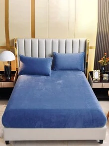 素色床笠套裝，無填充物，1入組床笠和2入組枕套，臥室極簡主義布藝床單套裝，四季皆宜 - 藍色 - 查看 3