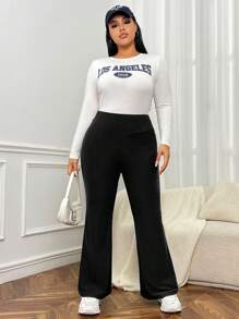 SHEIN EZwear 大碼高腰喇叭褲 - 黑色 - 查看 5