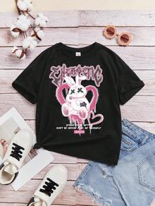 青少女休閒卡通短袖t恤,適合夏季穿著 - 黑色 - 查看 8