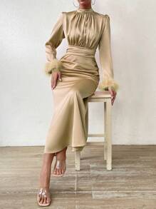 Chiquease Fuzzy Cuff Ruched Bust Dress Maxi Women Outfit - Apricot - View 3