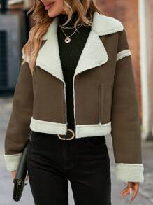 SHEIN Essnce Teddy Lined Zip Up Jacket - Coffee Brown - View 1