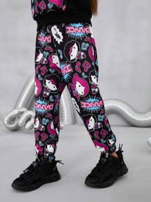 JUSTICE LEAGUE X SHEIN Young Girl Cute Retro Casual Black Cartoon Hero Letter Pattern Print Loose Long Sleeve Pocket Sweatshirt And Pants Set - Black - View 6