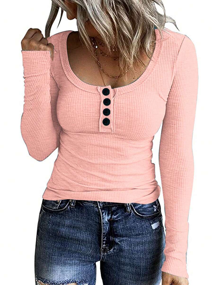 Chất rắn Scoop Cổ Áo phông Kim sa tương phản - Hồng - Xem 1