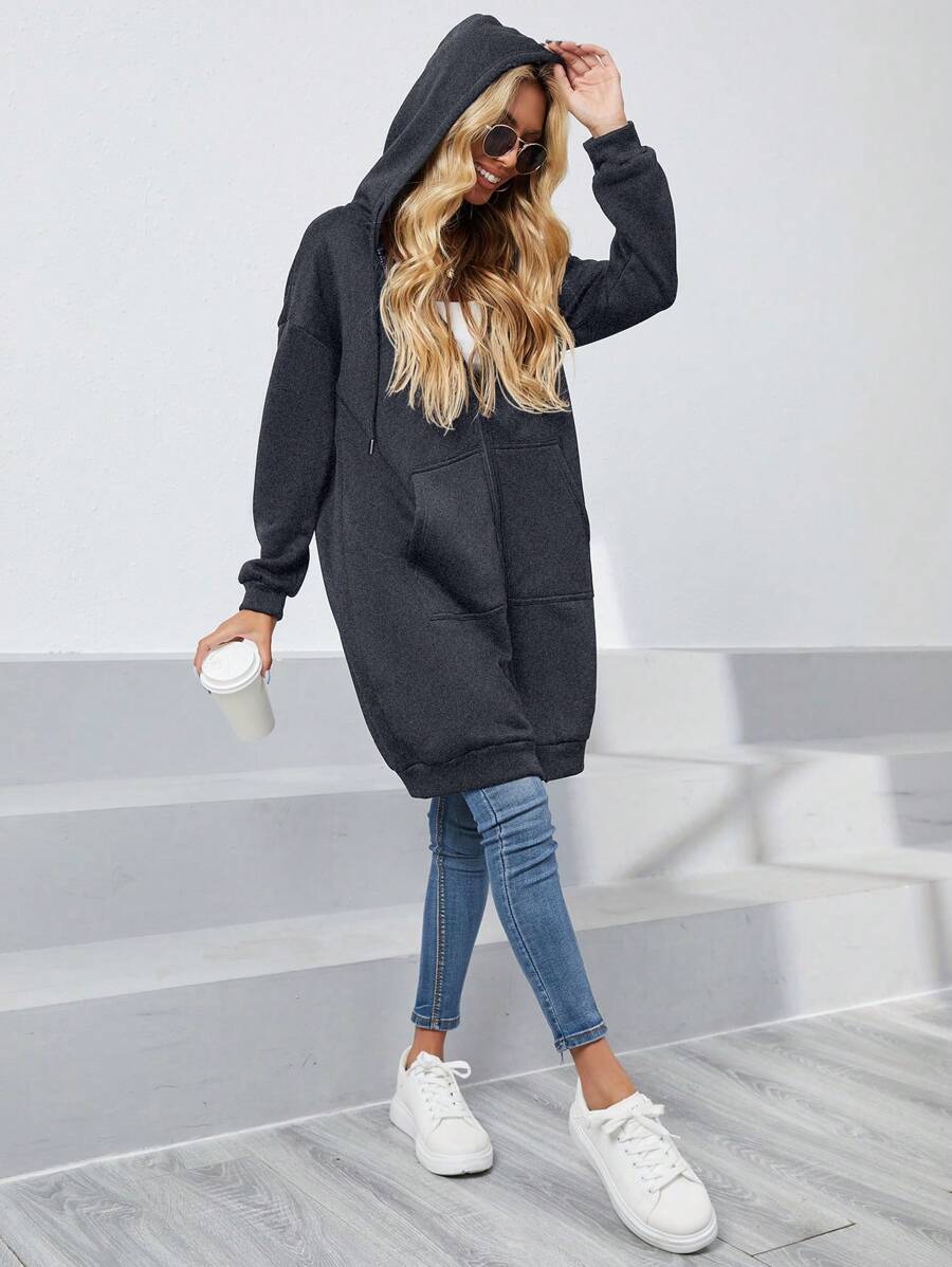 INAWLY Zip Up Drop Shoulder Drawstring Hoodie,Long Sleeve Tops Graduation,Back To School Outfits,Graduation,Teacher Outfits For Women,Back To School Pullover Fall Outfit - Dark Grey - View 1
