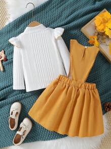 SHEIN 女小童荷葉邊T恤和卡通刺繡背帶洋裝 - 駝色 - 查看 2