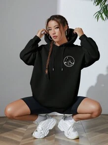 SHEIN EZwear Moon Print Drop Shoulder Drawstring Thermal Lined Hoodie - Black - View 3