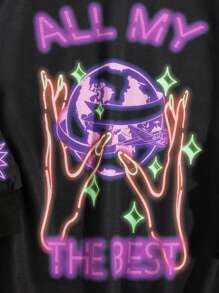 SHEIN Young Girl Letter & Hand Print Pullover - Black - View 5