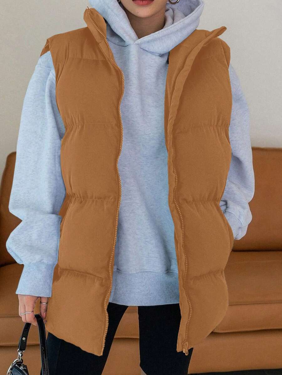 RueChic Solid Zip Up Puffer Vest Coat - Beige - View 1