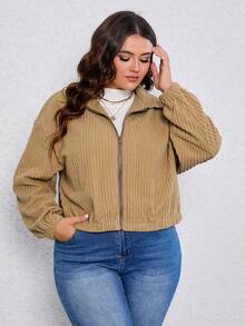 SHEIN LUNE Hơn Thả vai Dây kéo Vải to sợi Áo khoác - Màu Khaki - Xem 4