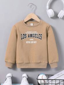 SHEIN 男小童字母圖案加絨內裏運動衫 - 卡其色 - 查看 4