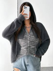 SHEIN EZwear 大碼段染落肩袖抽繩連帽開襟衫 - 彩色 - 查看 1