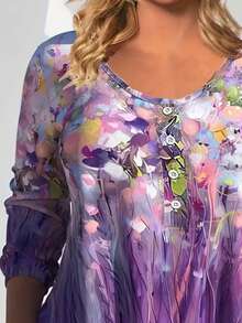 SHEIN LUNE Talla grande Camiseta con estampado floral con botón delantero - Multicolor - Ver 3