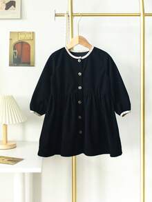 Young Girl Contrast Binding Button Front Smock Dress - Black - View 1