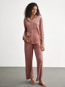 Ocili Leisure Drop Shoulder Pocket Patched Lounge Set - Dusty Pink - View 4