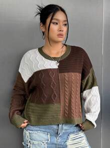 SHEIN EZwear 大碼撞色麻花編織落肩袖套頭毛衣 - 彩色 - 查看 4