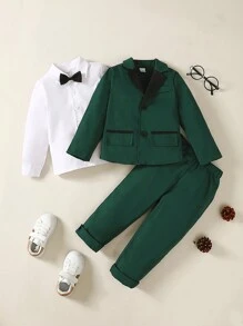 2 件套年轻男孩绅士西装，纯色西装外套和短裤，配领结，时尚，适合生日派对、活动、婚礼、洗礼、 1 岁生日 - 墨綠色 - 查看 4