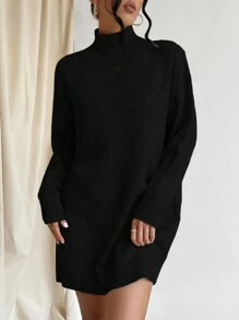 EURMUSE Women's Turtleneck Drop Shoulder Sweater Dress - Black - View 4