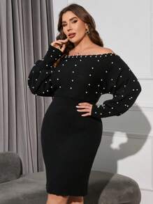 SHEIN Clasi Plus Pearls Beaded Off Shoulder Batwing Sleeve Sweater Dress - Black - View 4