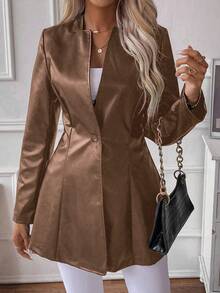 SHEIN LUNE Solid Single Button PU Coat - Brown - View 4