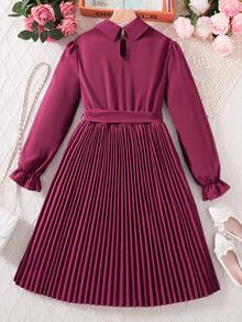 SHEIN Cô gái Tween tay áo lá sen Viền xếp Váy có thắt lưng Đối với Giáng sinh - Màu Đỏ Sâu - Xem 2