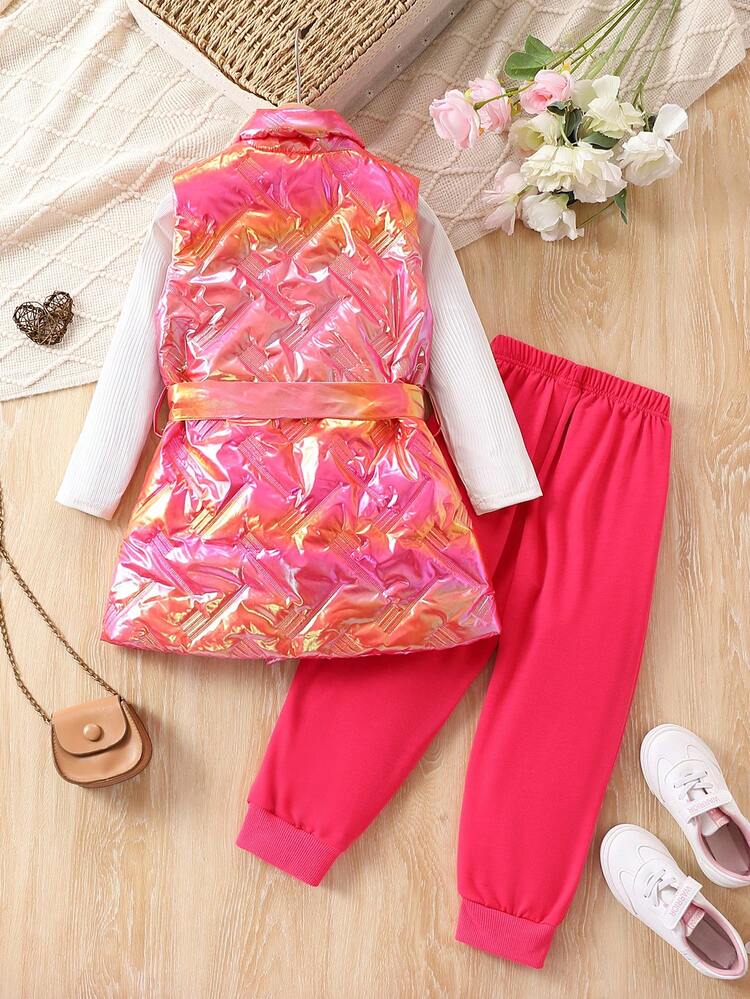 Young Girl Solid Tee & Sweatpants & Vest Coat