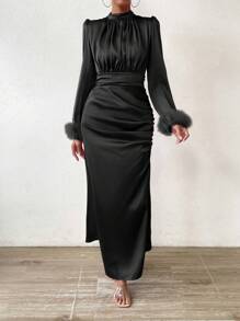 SHEIN Raffinéa Fuzzy Cuff Ruched Mock Neck Dress Maxi Women Outfit Fall Cloth For Women - Black - View 5