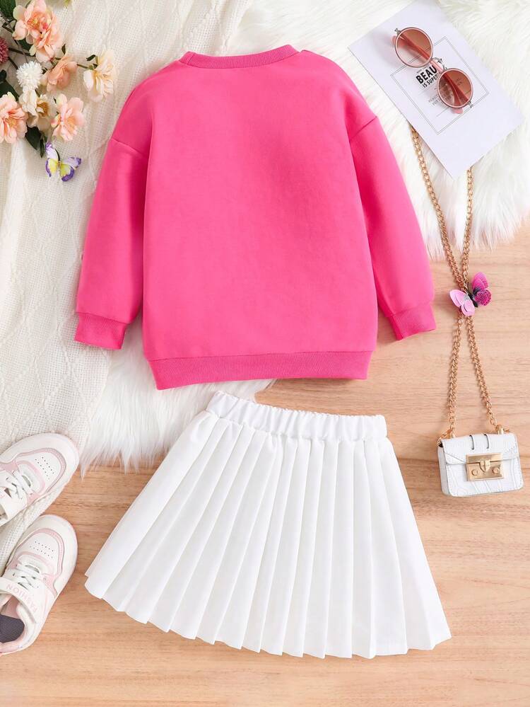 Young Girl Letter & Butterfly Print Sweatshirt & Pleated Skirt