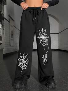 Muchica 蜘蛛網印花腰部抽繩長褲 - 黑色 - 查看 3