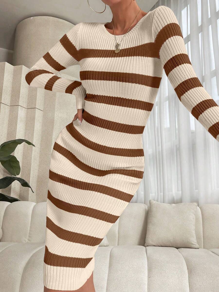 Xyvia Striped Pattern Bodycon Sweater Dress Fall Winter Cloth For Women - Coffee Brown - View 1
