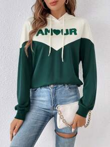 SHEIN Frenchy 字母圖案撞色落肩袖抽繩連帽衫 - 彩色 - 查看 1