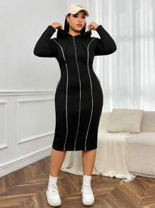 SHEIN EZwear Plus Top-stitching Zip Up Hooded Bodycon Dress - Black - View 6