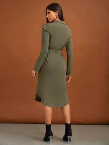 SHEIN Tall Solid Button Front Belted Shirt Dress - Army Green - View 2