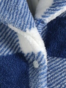 SHEIN LUNE Họa tiết kẻ sọc trâu Thả vai Áo khoác Teddy Không có áo len - Màu xanh lam - Xem 5