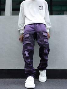 Manfinity Loose Fit Men's Ripped And Frayed Straight Leg Jeans - Purple - View 5