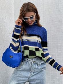 SHEIN Essnce 格紋圖案高領落肩袖套頭毛衣 - 藍色 - 查看 5