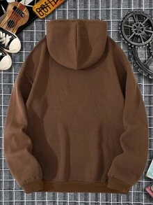 男士搖粒絨連帽衫帶字母和心形圖案和抽繩 - 棕色 - 查看 2