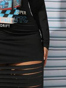 SHEIN SXY 大碼汽車和字母圖案破洞緊身洋裝 - 黑色 - 查看 7