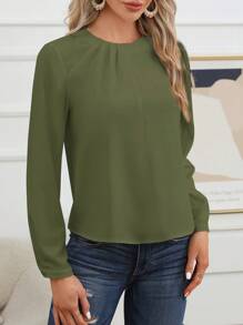 SHEIN Essnce 素色後鎖孔襯衫 - 軍綠色 - 查看 4