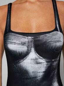 SHEIN BAE Graphic Print Bodysuit - Black and White - View 4